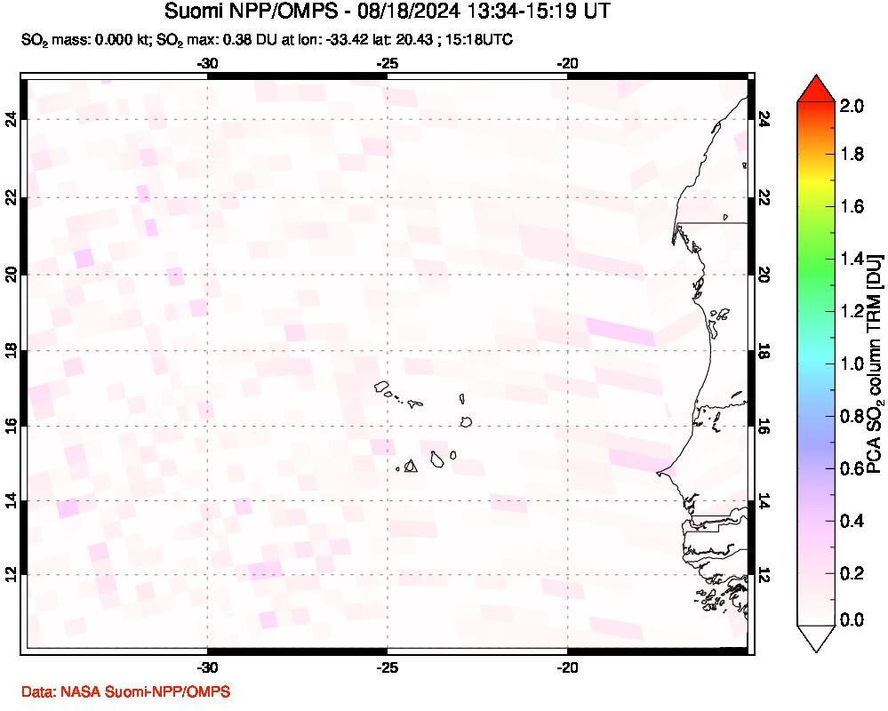 A sulfur dioxide image over Cape Verde Islands on Aug 18, 2024.