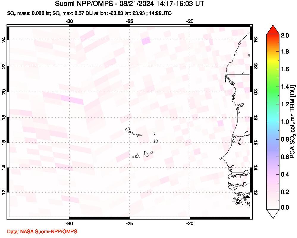 A sulfur dioxide image over Cape Verde Islands on Aug 21, 2024.