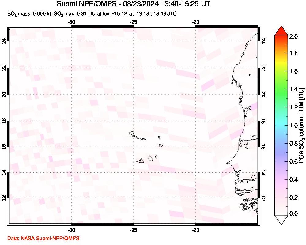 A sulfur dioxide image over Cape Verde Islands on Aug 23, 2024.