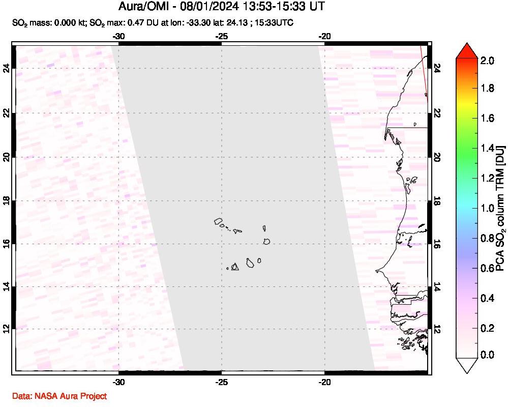 A sulfur dioxide image over Cape Verde Islands on Aug 01, 2024.