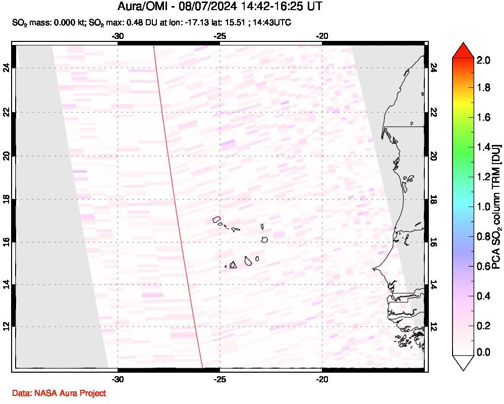 A sulfur dioxide image over Cape Verde Islands on Aug 07, 2024.