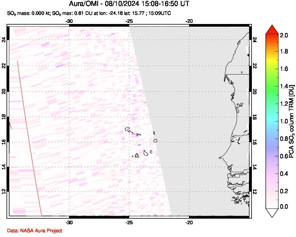 A sulfur dioxide image over Cape Verde Islands on Aug 10, 2024.