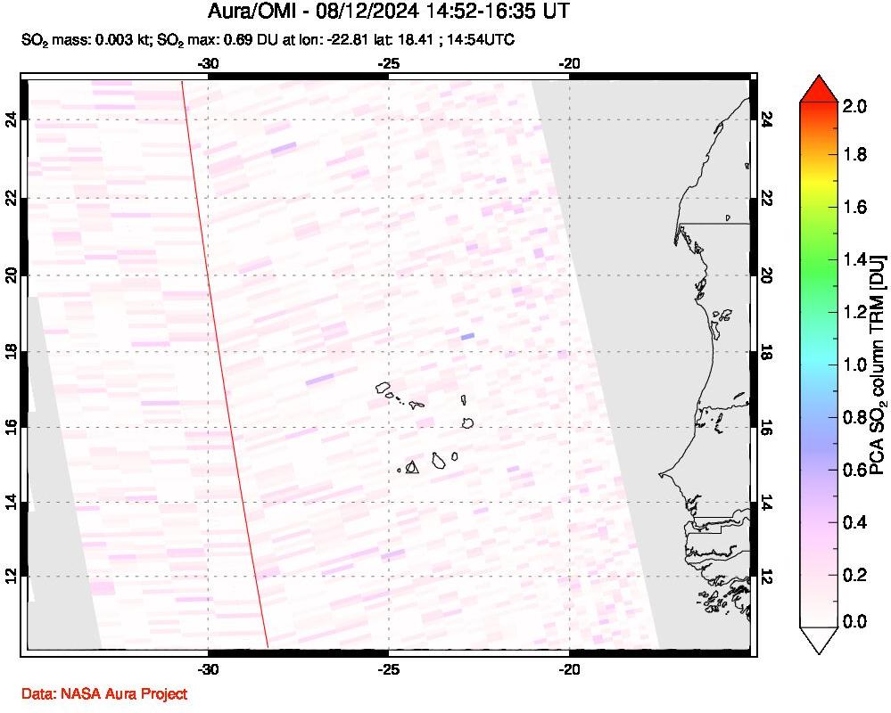 A sulfur dioxide image over Cape Verde Islands on Aug 12, 2024.