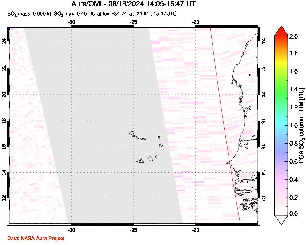 A sulfur dioxide image over Cape Verde Islands on Aug 18, 2024.