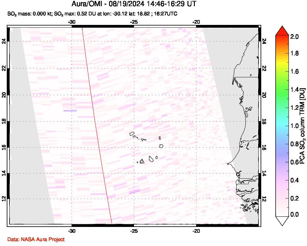 A sulfur dioxide image over Cape Verde Islands on Aug 19, 2024.