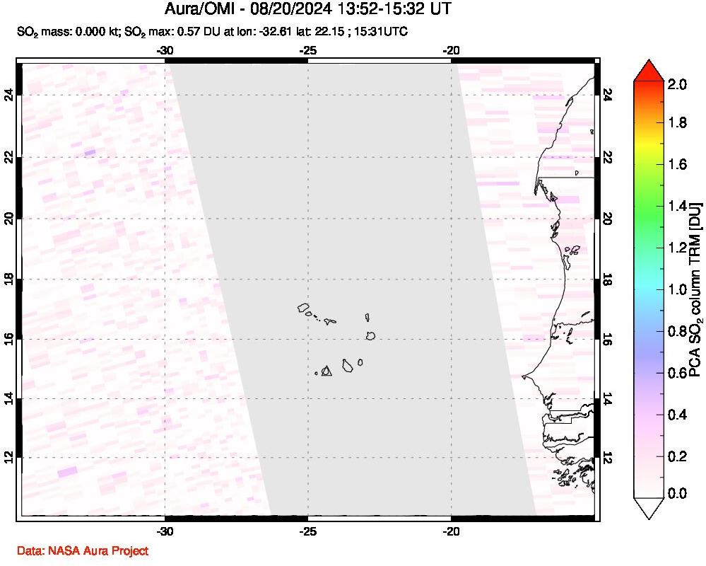 A sulfur dioxide image over Cape Verde Islands on Aug 20, 2024.