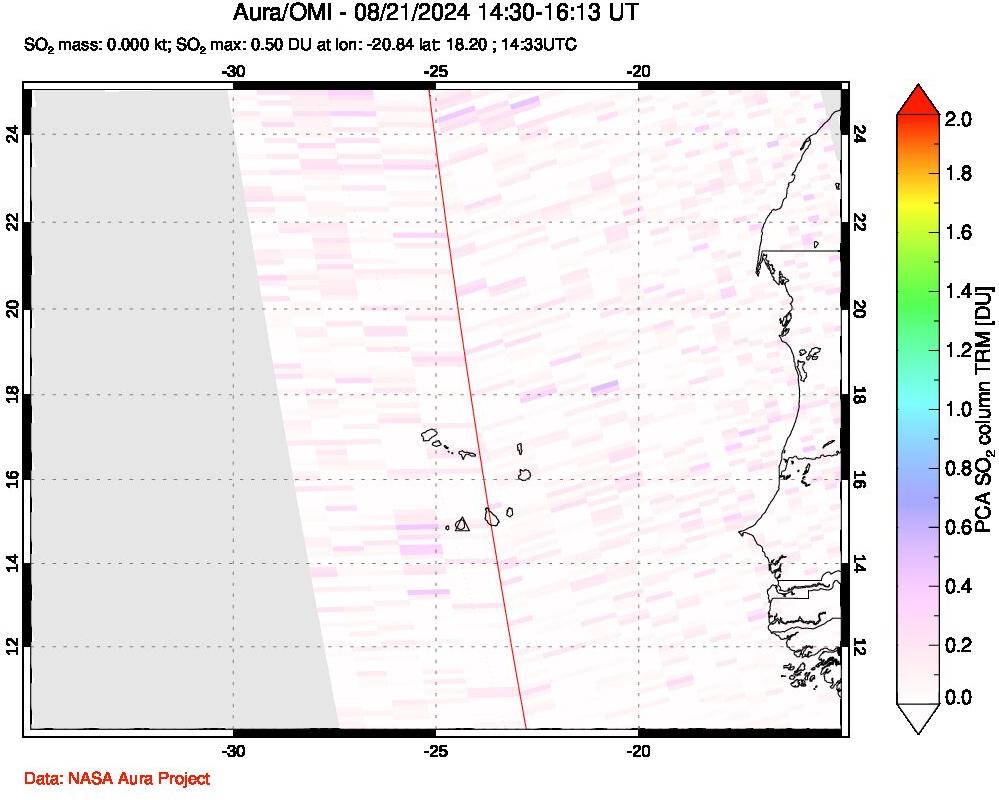 A sulfur dioxide image over Cape Verde Islands on Aug 21, 2024.