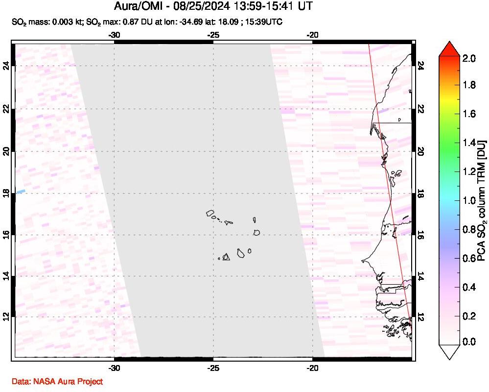 A sulfur dioxide image over Cape Verde Islands on Aug 25, 2024.