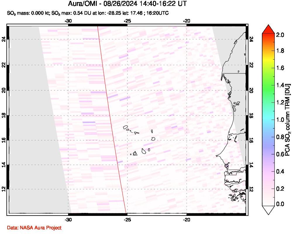 A sulfur dioxide image over Cape Verde Islands on Aug 26, 2024.