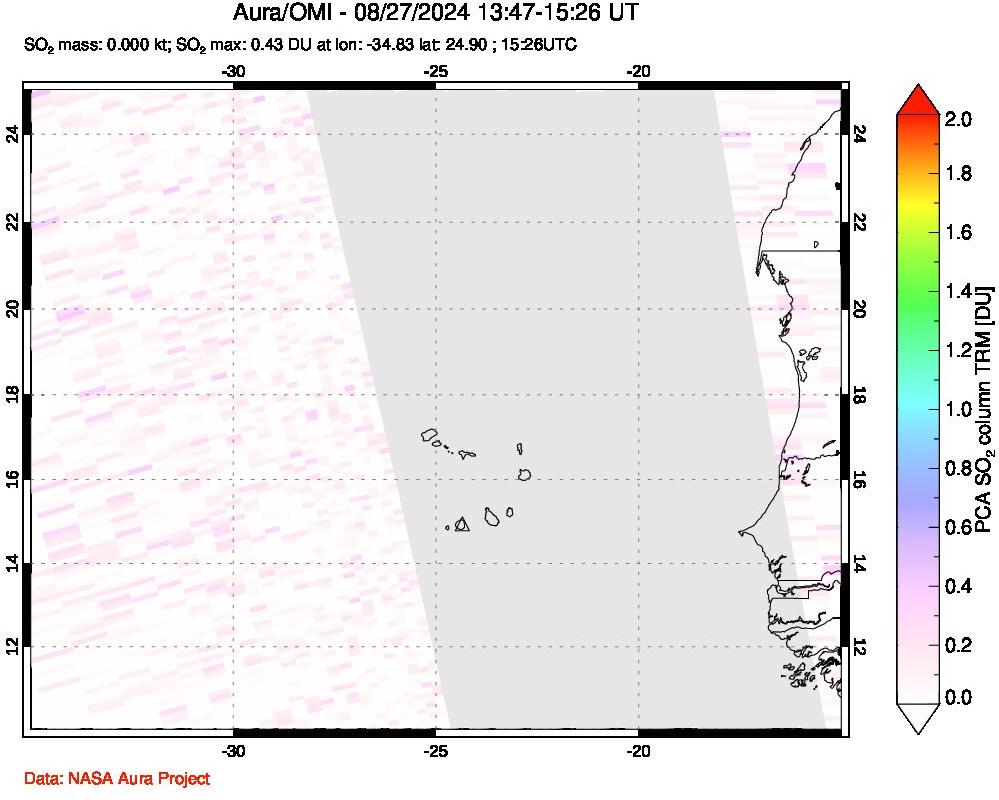 A sulfur dioxide image over Cape Verde Islands on Aug 27, 2024.