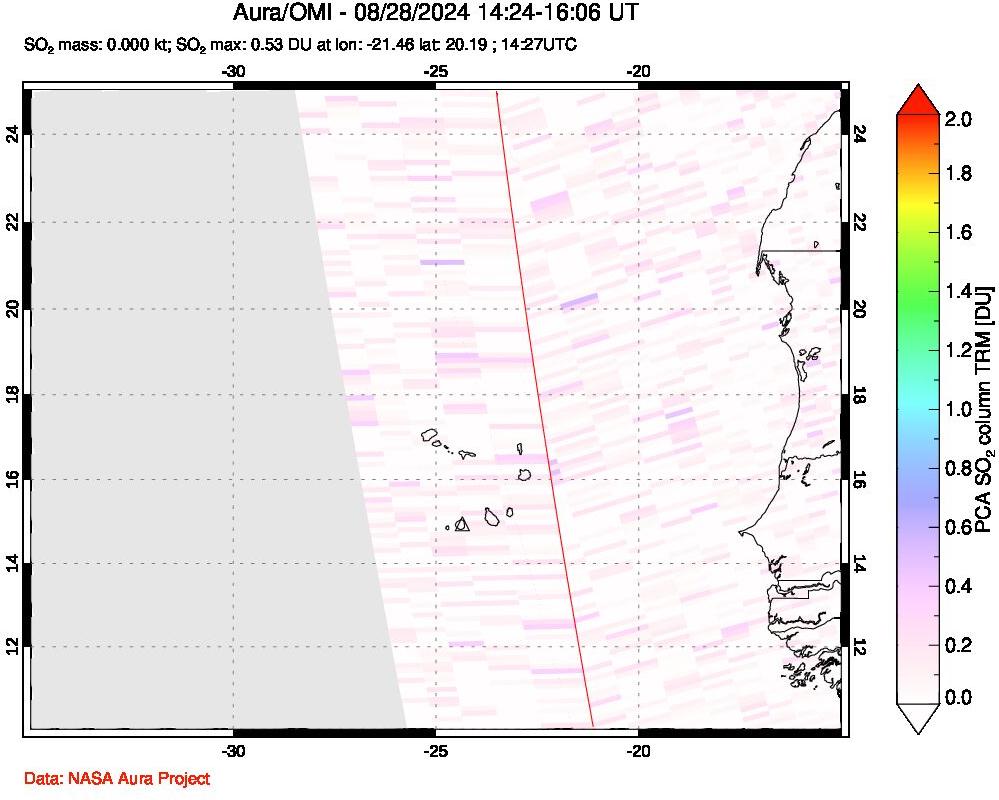 A sulfur dioxide image over Cape Verde Islands on Aug 28, 2024.