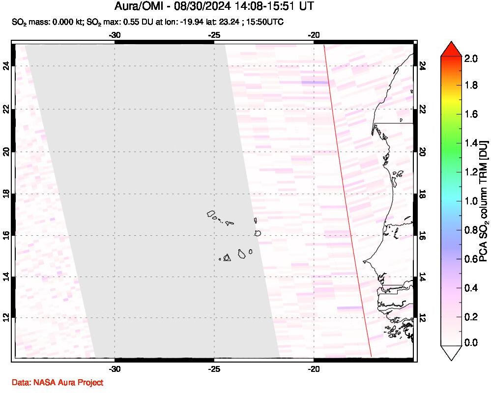 A sulfur dioxide image over Cape Verde Islands on Aug 30, 2024.