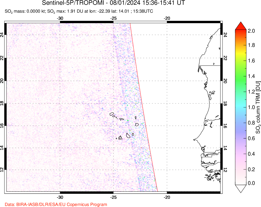 A sulfur dioxide image over Cape Verde Islands on Aug 01, 2024.