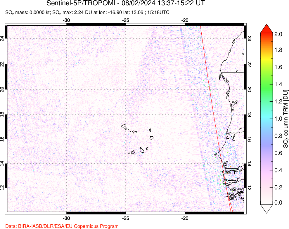 A sulfur dioxide image over Cape Verde Islands on Aug 02, 2024.