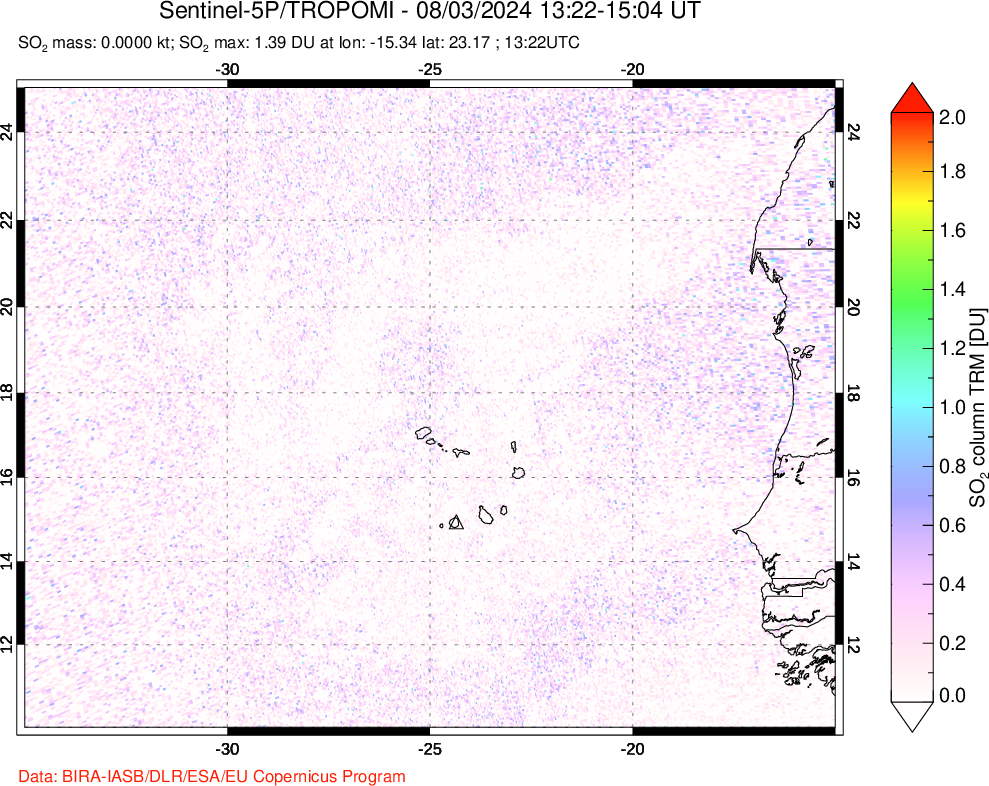 A sulfur dioxide image over Cape Verde Islands on Aug 03, 2024.