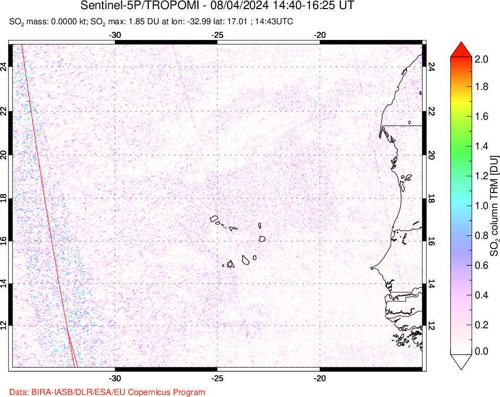 A sulfur dioxide image over Cape Verde Islands on Aug 04, 2024.