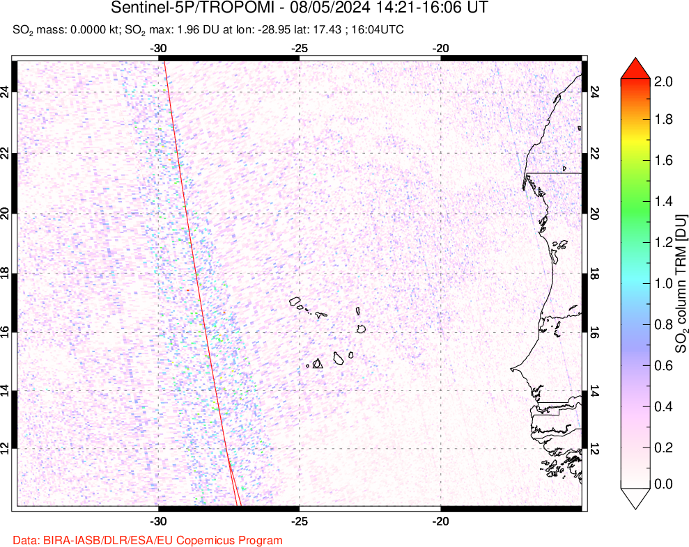 A sulfur dioxide image over Cape Verde Islands on Aug 05, 2024.