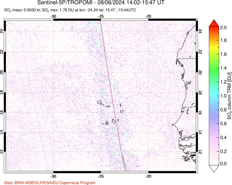 A sulfur dioxide image over Cape Verde Islands on Aug 06, 2024.