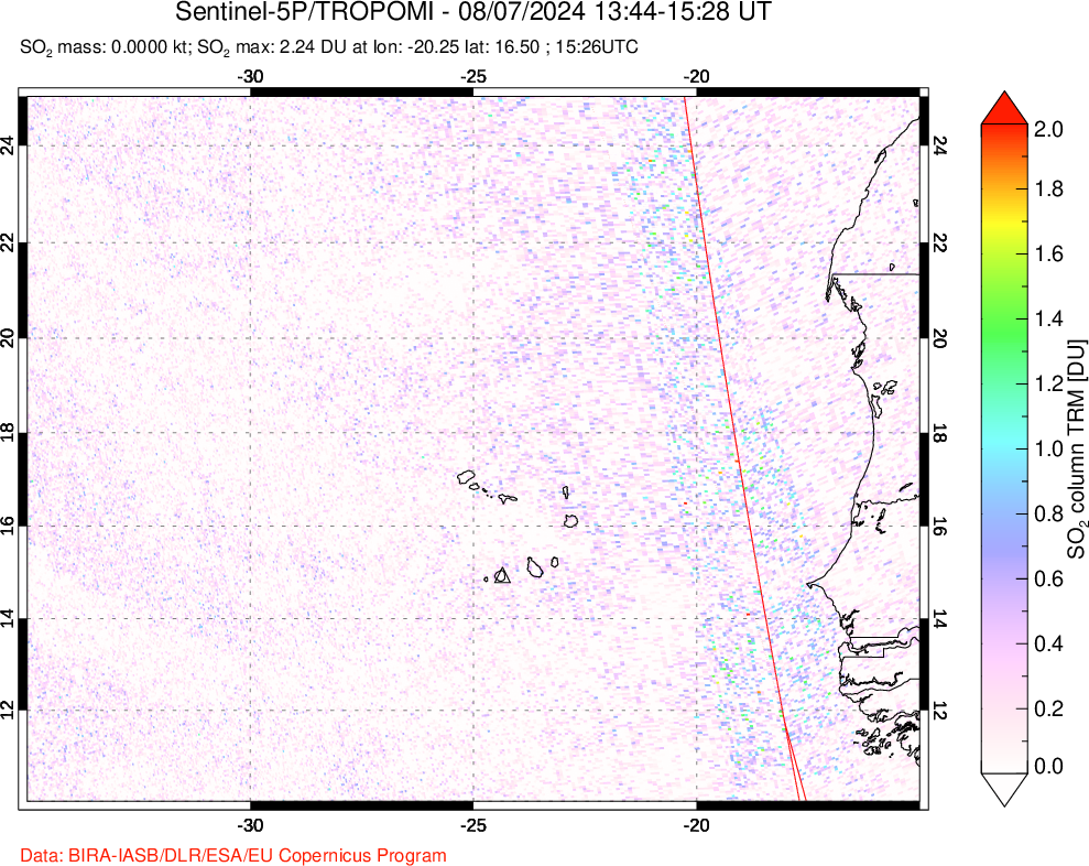 A sulfur dioxide image over Cape Verde Islands on Aug 07, 2024.