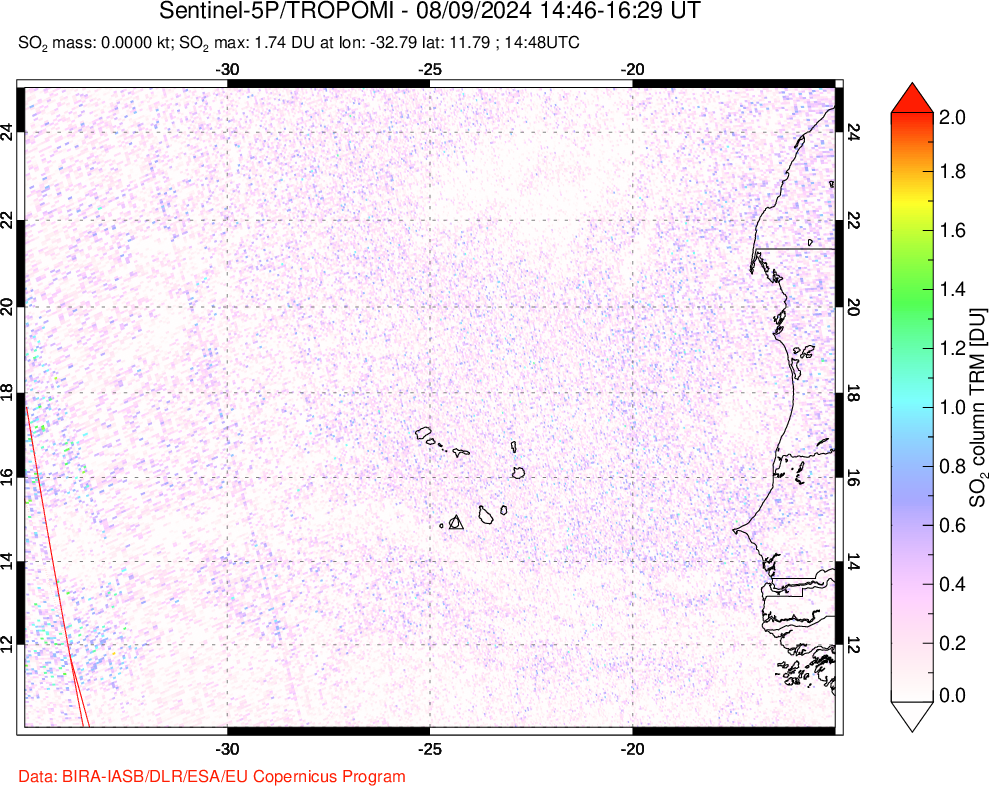 A sulfur dioxide image over Cape Verde Islands on Aug 09, 2024.