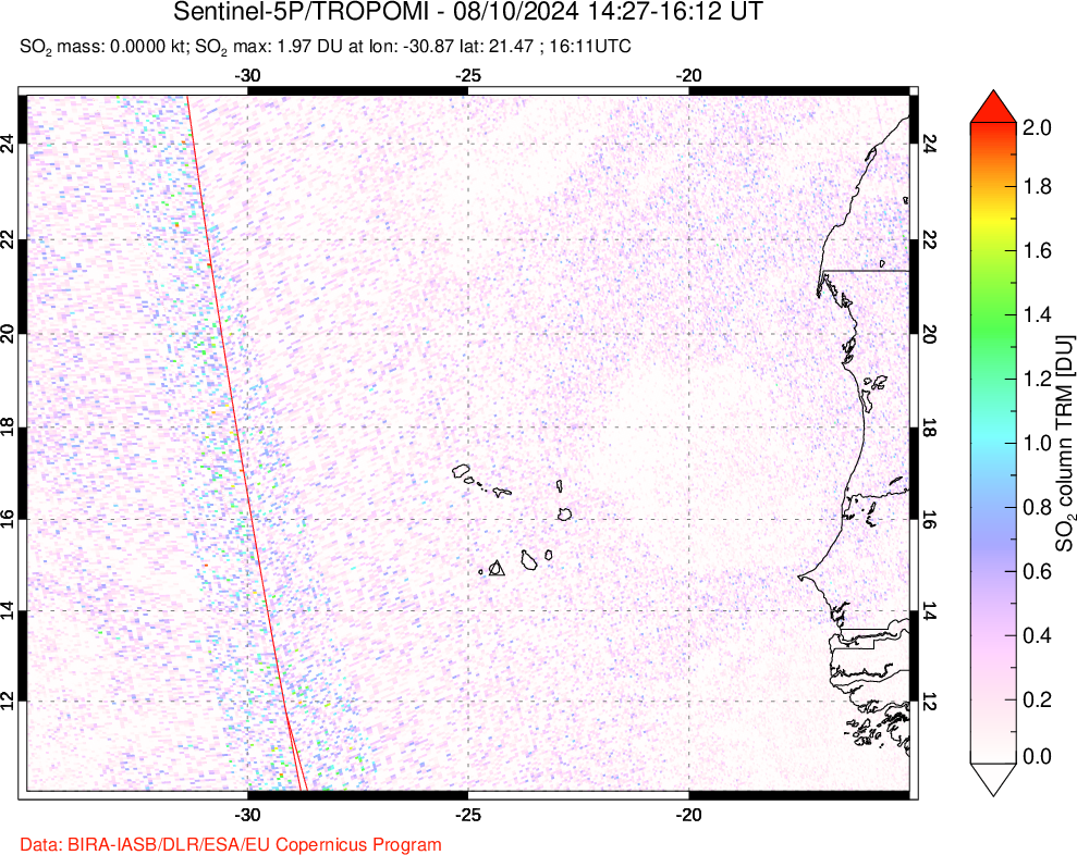 A sulfur dioxide image over Cape Verde Islands on Aug 10, 2024.