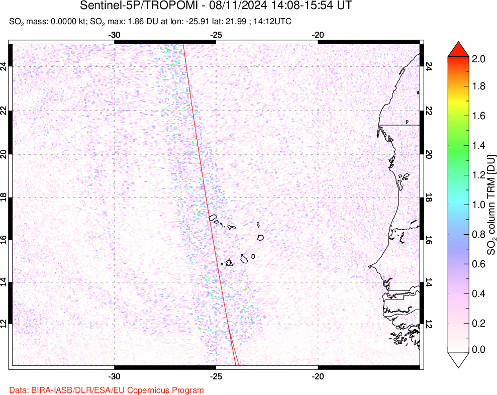 A sulfur dioxide image over Cape Verde Islands on Aug 11, 2024.