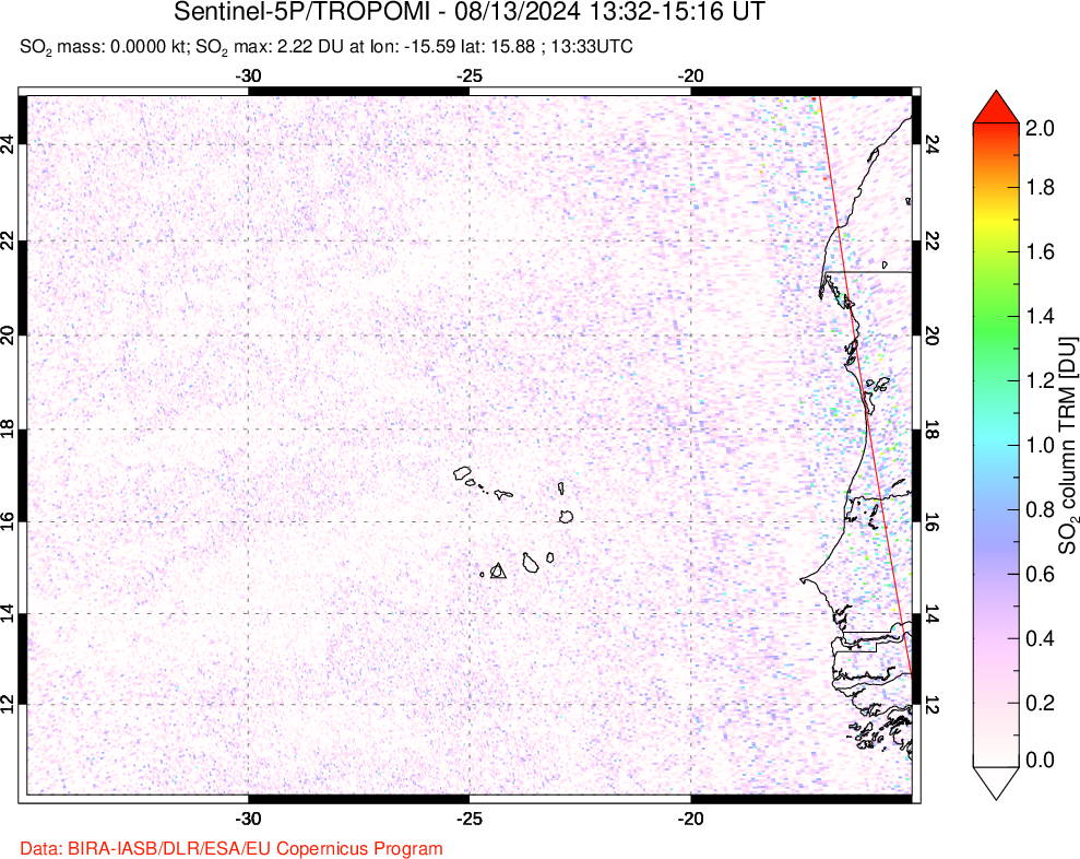 A sulfur dioxide image over Cape Verde Islands on Aug 13, 2024.