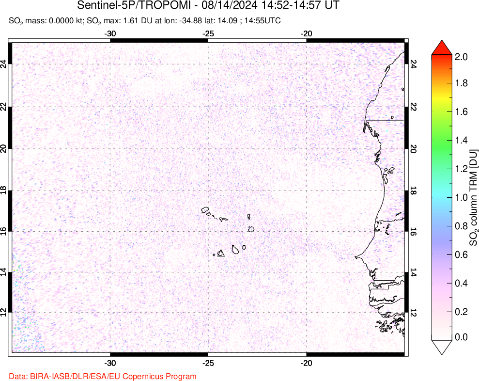 A sulfur dioxide image over Cape Verde Islands on Aug 14, 2024.