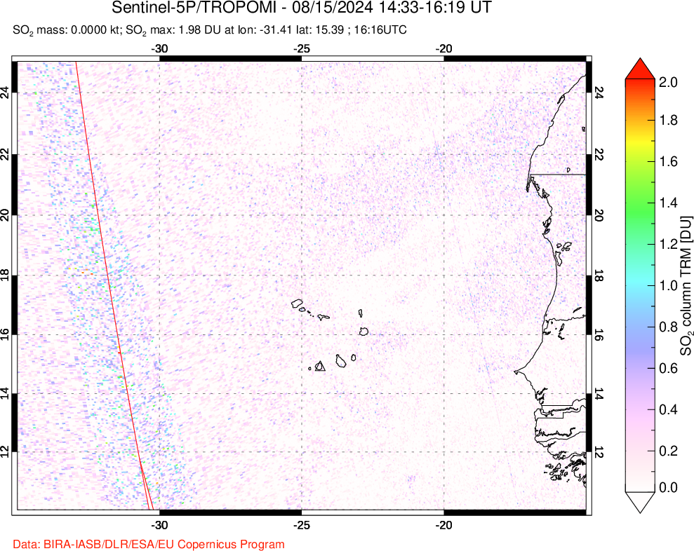 A sulfur dioxide image over Cape Verde Islands on Aug 15, 2024.