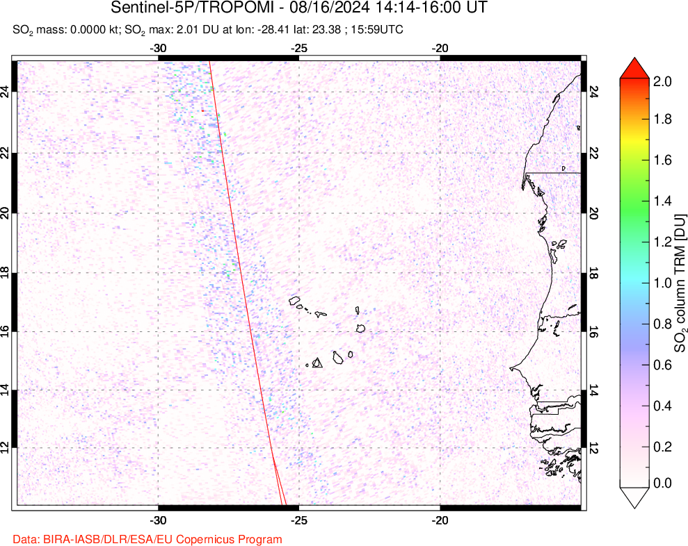 A sulfur dioxide image over Cape Verde Islands on Aug 16, 2024.