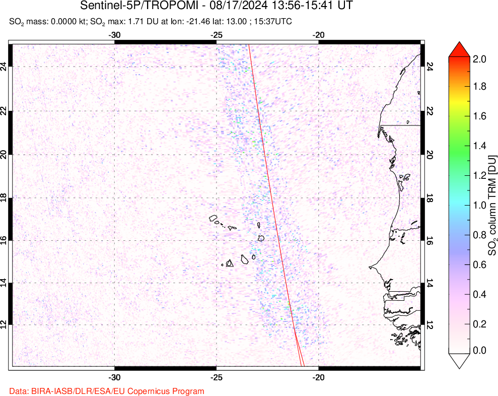 A sulfur dioxide image over Cape Verde Islands on Aug 17, 2024.