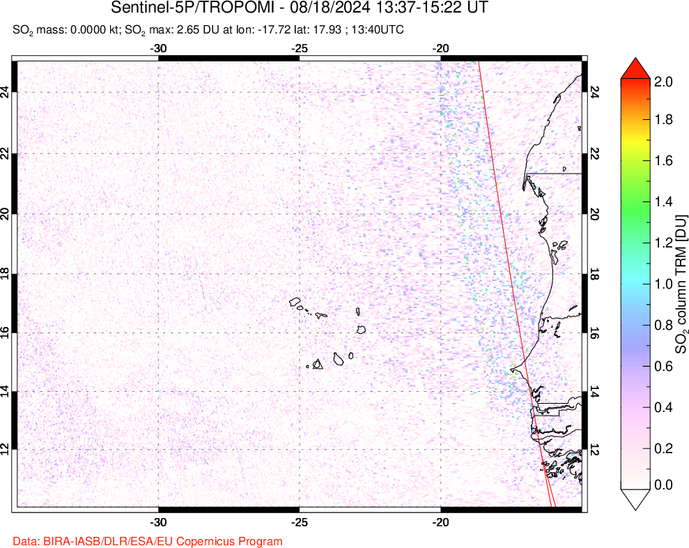 A sulfur dioxide image over Cape Verde Islands on Aug 18, 2024.