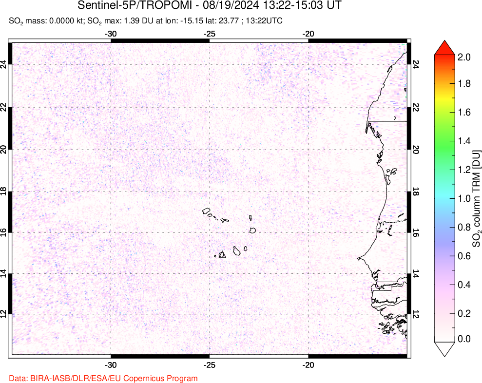 A sulfur dioxide image over Cape Verde Islands on Aug 19, 2024.