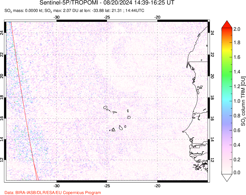 A sulfur dioxide image over Cape Verde Islands on Aug 20, 2024.