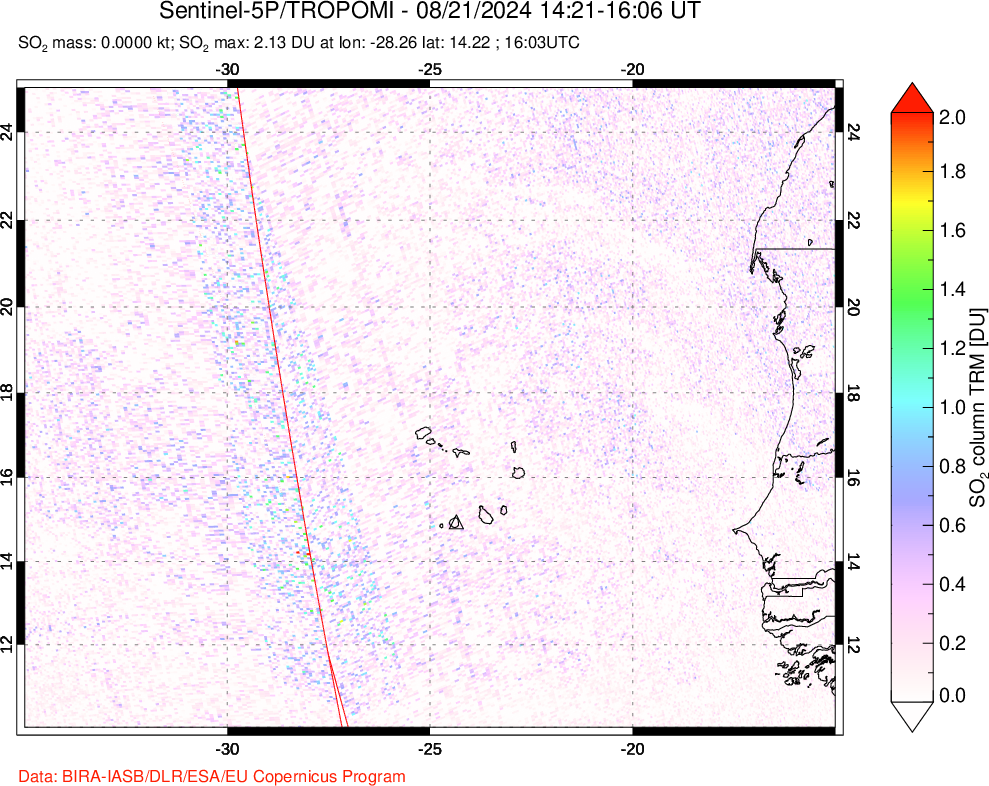 A sulfur dioxide image over Cape Verde Islands on Aug 21, 2024.