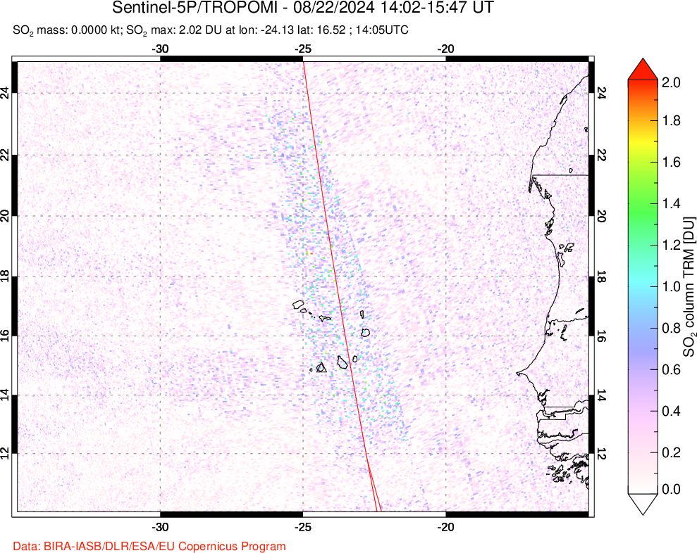 A sulfur dioxide image over Cape Verde Islands on Aug 22, 2024.