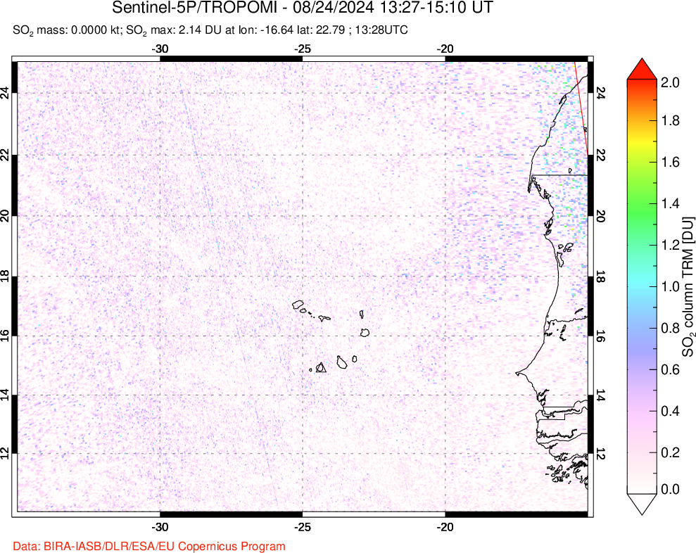 A sulfur dioxide image over Cape Verde Islands on Aug 24, 2024.