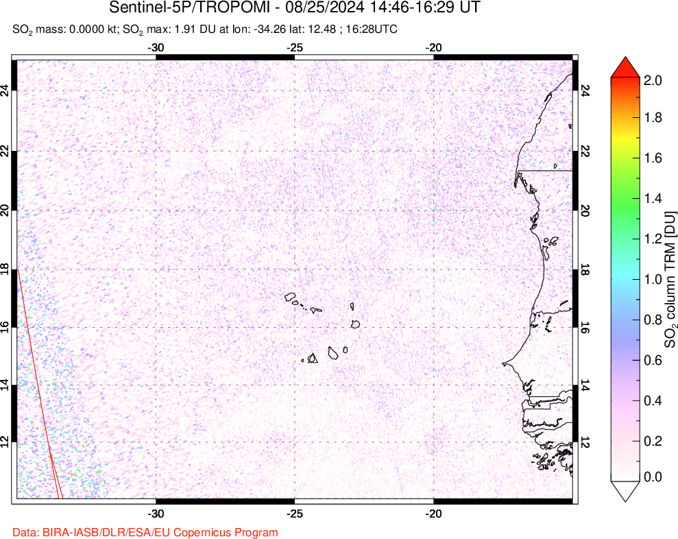 A sulfur dioxide image over Cape Verde Islands on Aug 25, 2024.