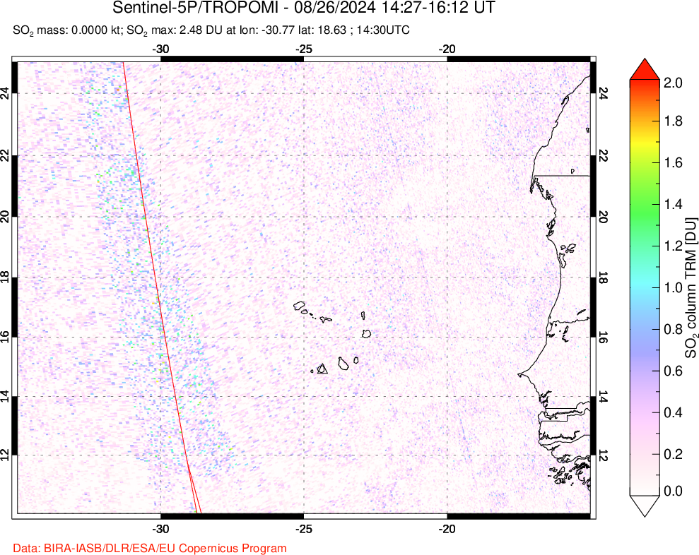 A sulfur dioxide image over Cape Verde Islands on Aug 26, 2024.