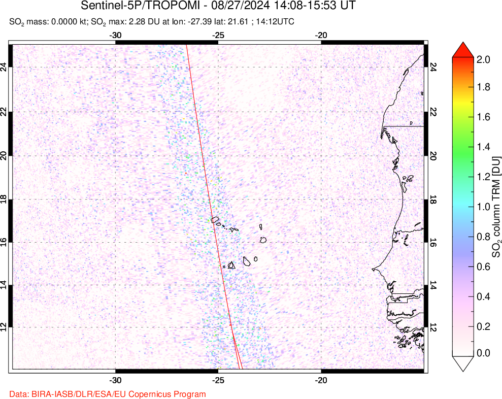 A sulfur dioxide image over Cape Verde Islands on Aug 27, 2024.