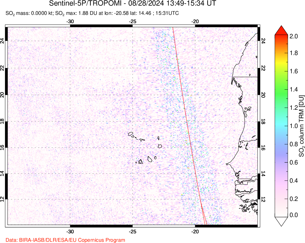 A sulfur dioxide image over Cape Verde Islands on Aug 28, 2024.