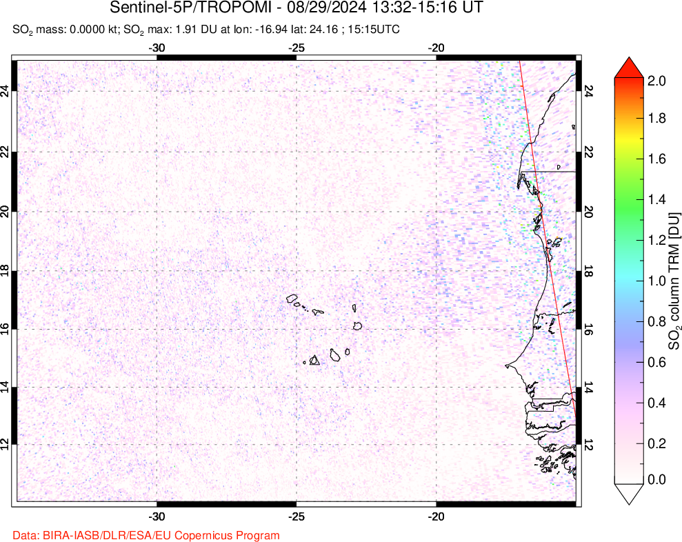 A sulfur dioxide image over Cape Verde Islands on Aug 29, 2024.