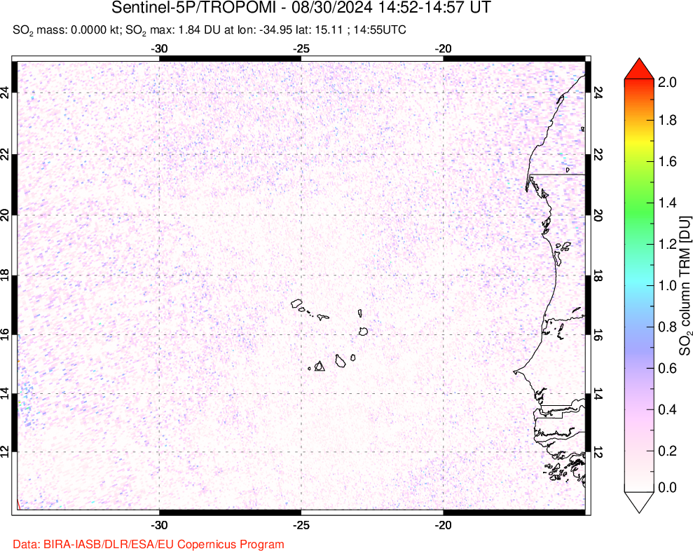 A sulfur dioxide image over Cape Verde Islands on Aug 30, 2024.