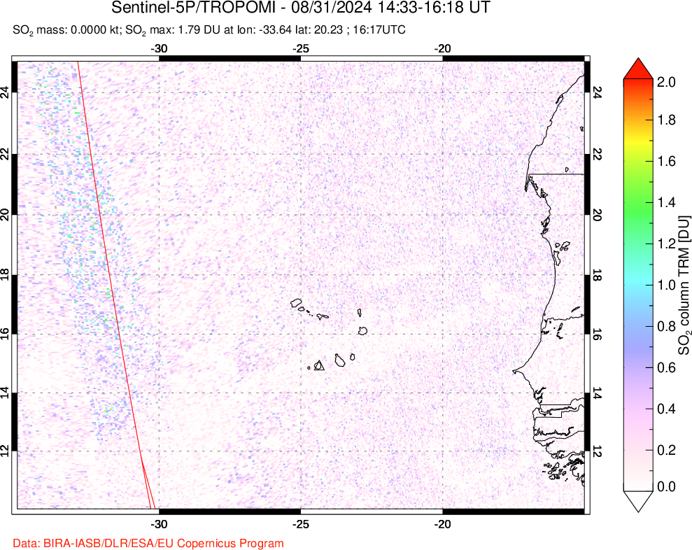 A sulfur dioxide image over Cape Verde Islands on Aug 31, 2024.