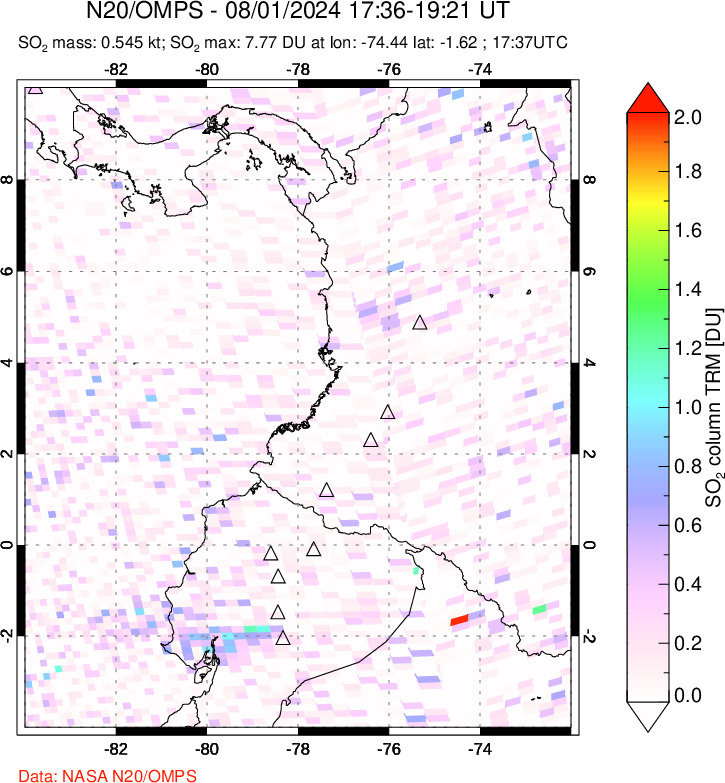 A sulfur dioxide image over Ecuador on Aug 01, 2024.