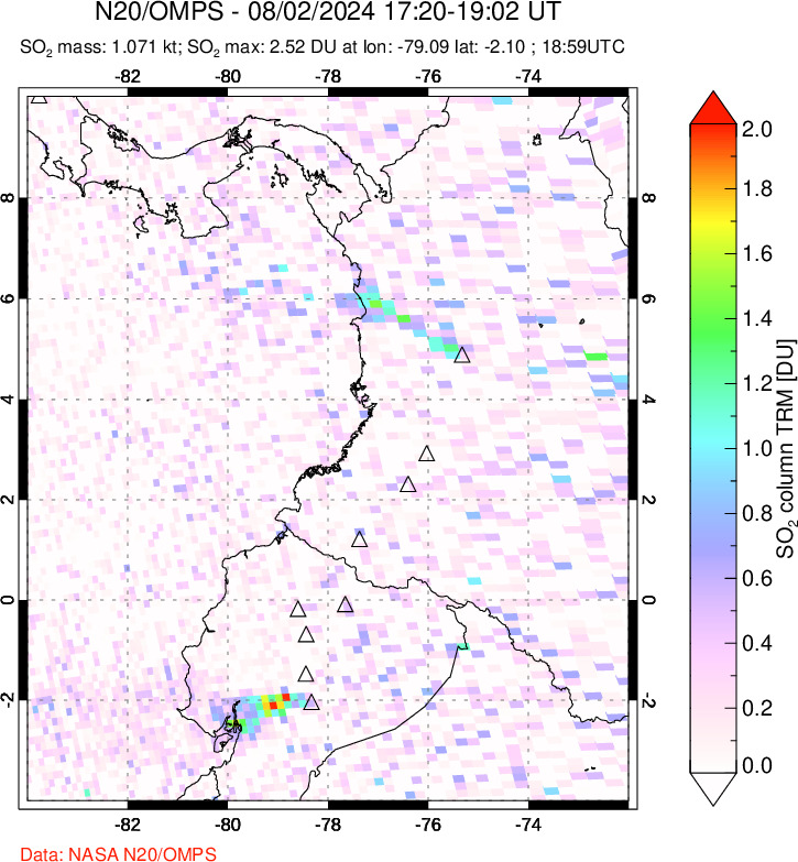 A sulfur dioxide image over Ecuador on Aug 02, 2024.