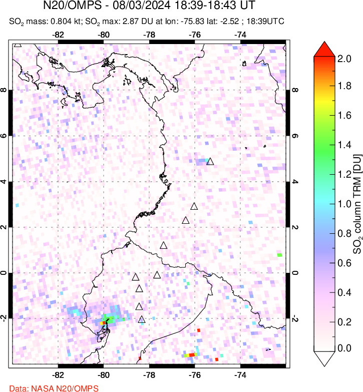 A sulfur dioxide image over Ecuador on Aug 03, 2024.