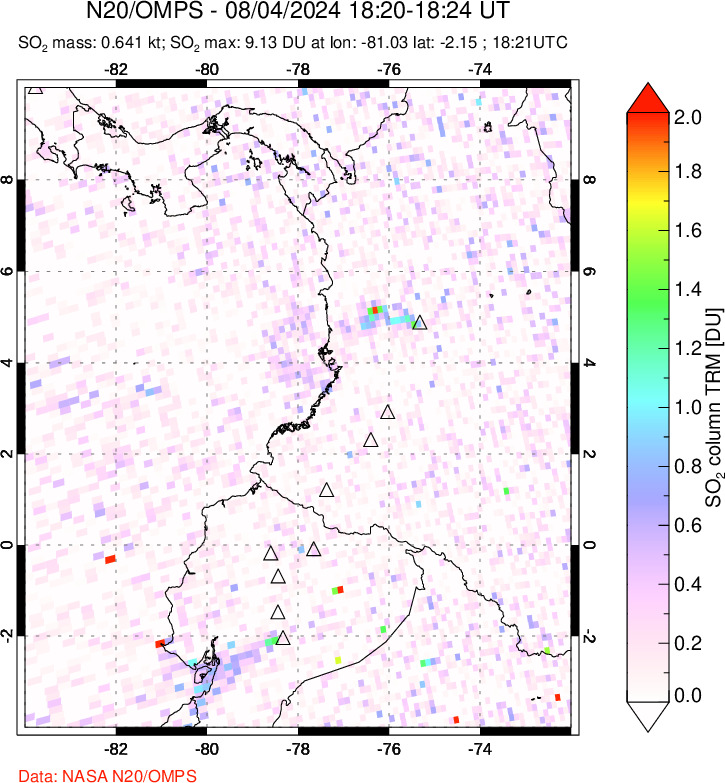 A sulfur dioxide image over Ecuador on Aug 04, 2024.