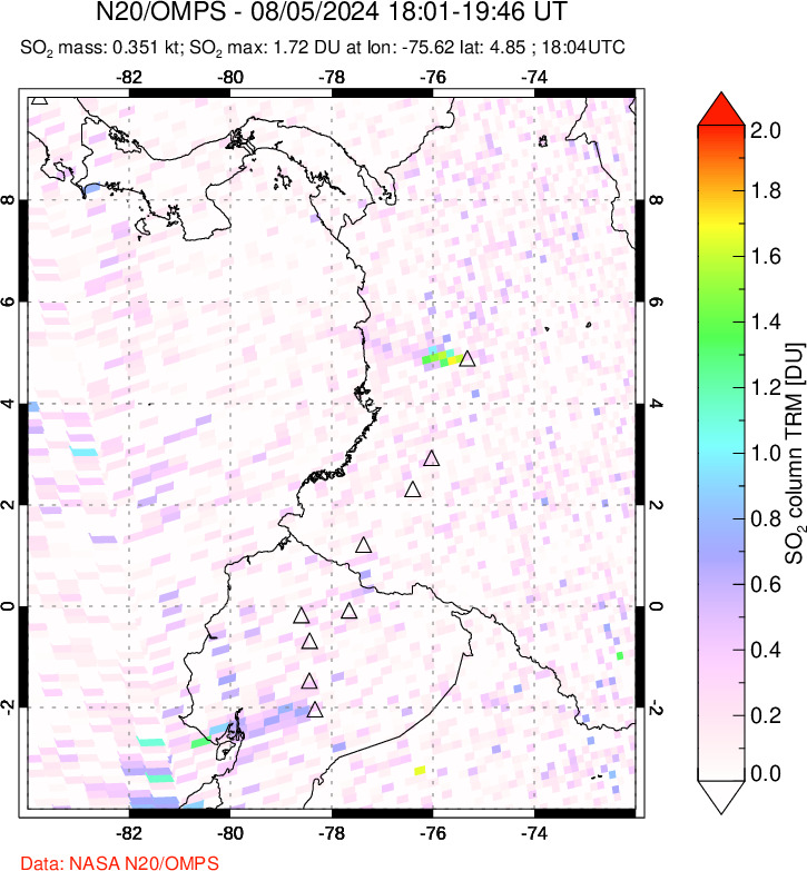 A sulfur dioxide image over Ecuador on Aug 05, 2024.