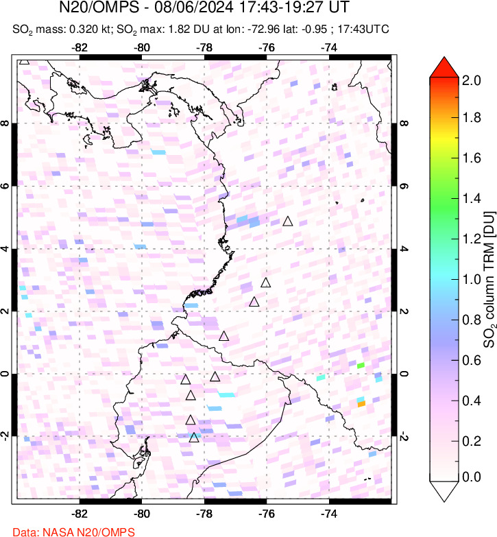 A sulfur dioxide image over Ecuador on Aug 06, 2024.